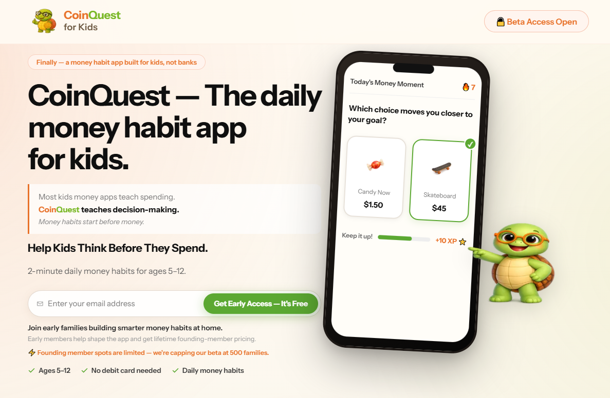 The CoinQuest landing page: a headline about a daily money habit app for kids beside a phone mockup showing a spend-or-save choice screen.