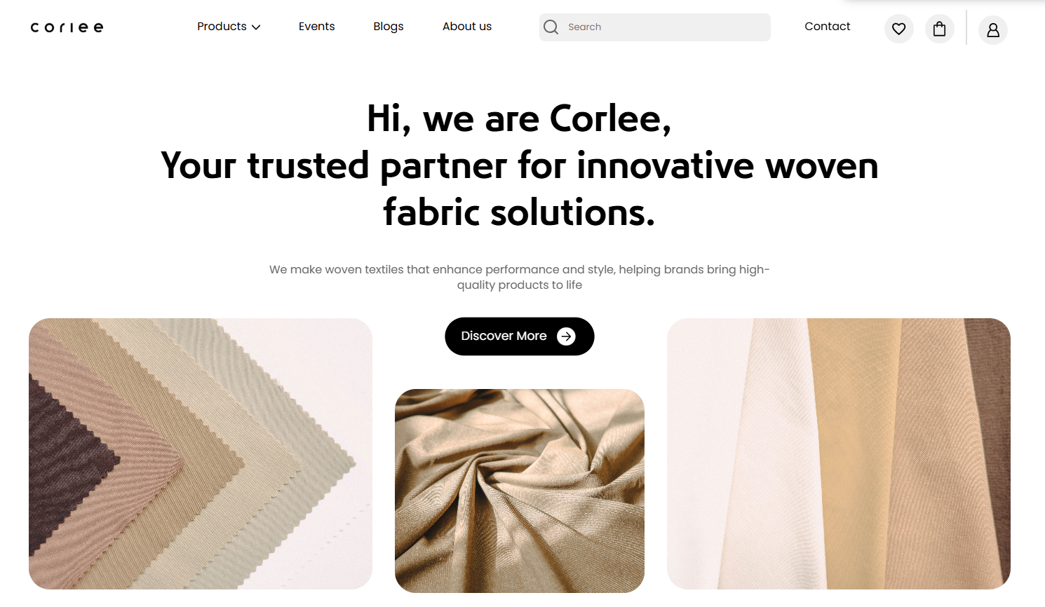 The Corlee home page: a centred headline over three woven-fabric photographs, with a search field and cart in the masthead.